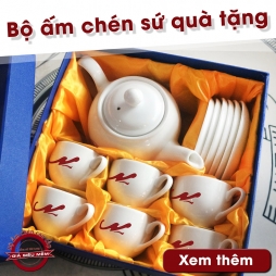 Bộ ấm chén trắng in logo quà tặng gốm sứ