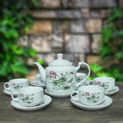 Bộ ấm chén sứ CK quai cong hoa sen (Trắng)