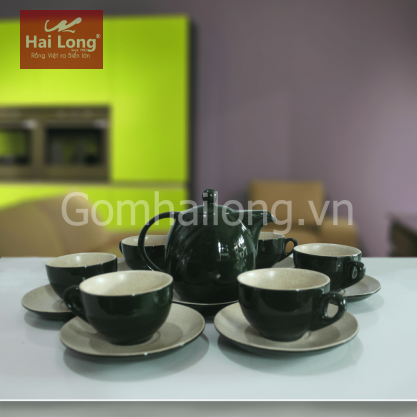 Bộ ấm chén cà phê Ý men xanh đen lòng trắng