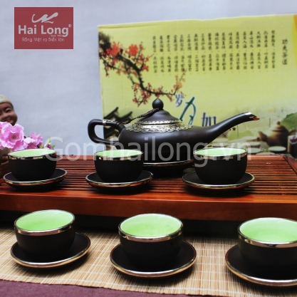 Bộ ấm chén tử sa Aladin kèm phụ kiện bọc đồng