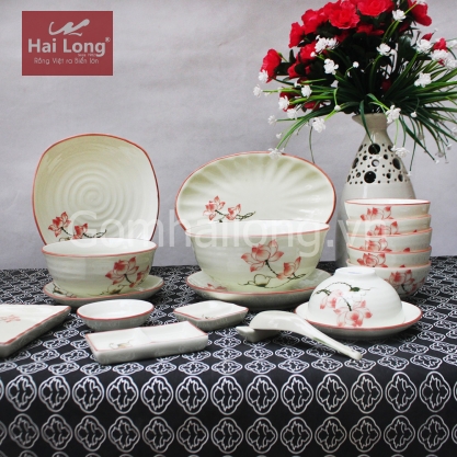 Bộ bát đĩa Sen chỉ hồng vẽ tay 19 món (Trắng)