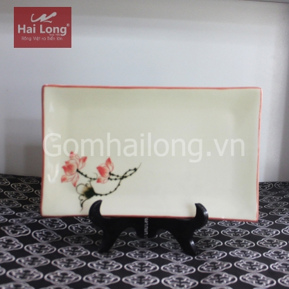 Khay sứ chữ nhật Sen chỉ hồng vẽ tay S2 (Kem)