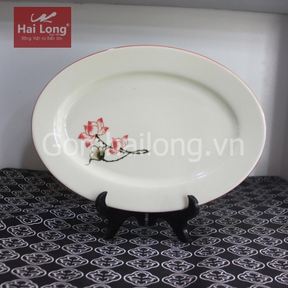 Đĩa sứ bầu dục vẽ tay Sen chỉ hồng cỡ S1 (Kem)