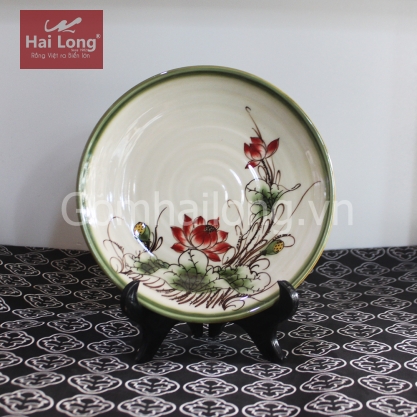 Đĩa sứ tròn Xanh rêu cổ vẽ Sen đỏ phi 20cm