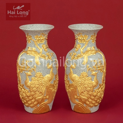 Tiểu Lộc Bình Công Đào men Rạn Gạo Nếp dát vàng